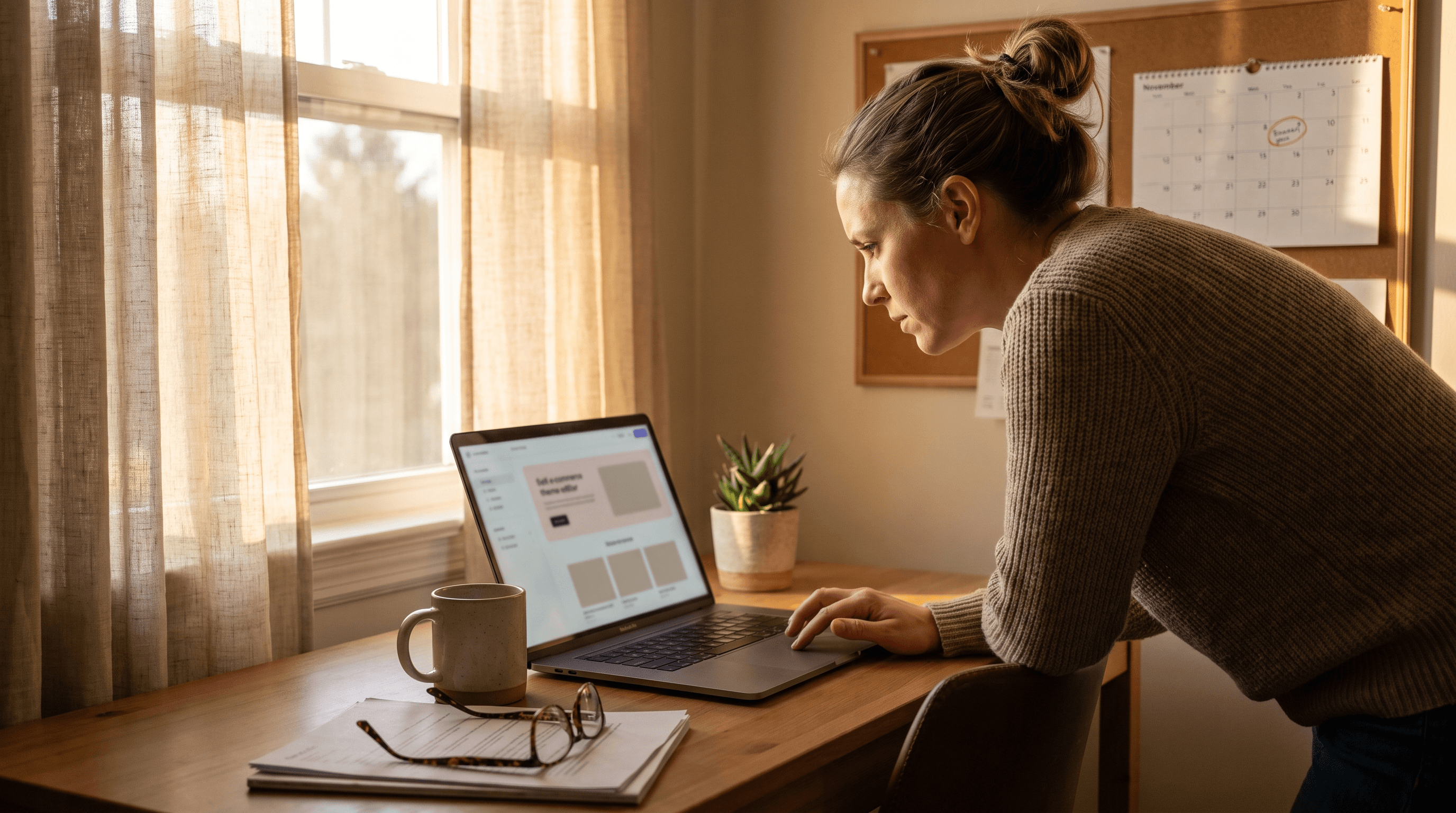 A Shopify store owner reviewing her theme editor on a laptop, with a wall calendar circled for the March 2027 script tag deadline